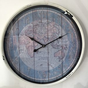 Wall clock featuring an antique atlas background and distressed finish